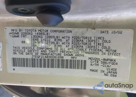 2003 Toyota Highlander V6 z USA, uszkodzony, nr VIN JTEGF21A830081698